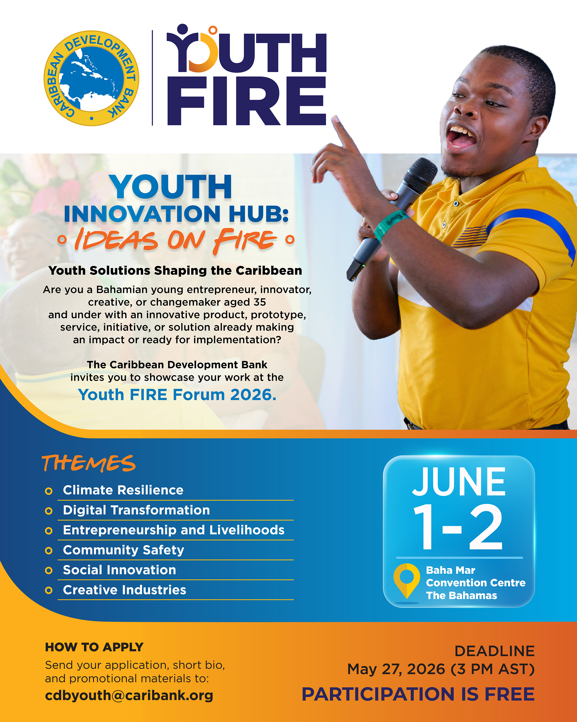 Youth Innovation Hub promotional graphic by the Caribbean Development Bank, featuring a speaker with a microphone, event themes, and details for June 1–2 at Baha Mar Convention Centre, The Bahamas