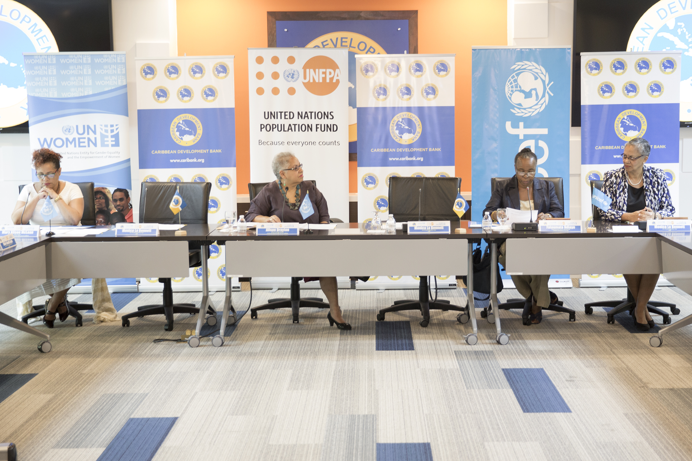 Officials attend a ceremony to mark the signing of the agreements between CDB, UNICEF, UNFPA and UN Women on July 14, 2017 at CDB