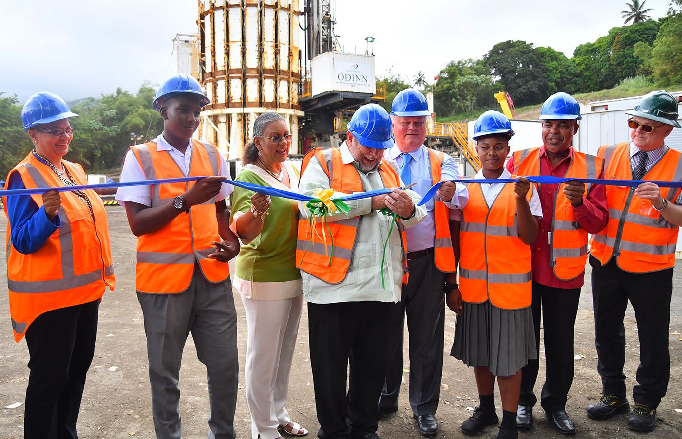 Group, including CDB Vice-President Monica La Bennett cut ribbon on drilling site led by St. Vincent and the Grenadines Prime Minister Dr Ralph Gonsalves