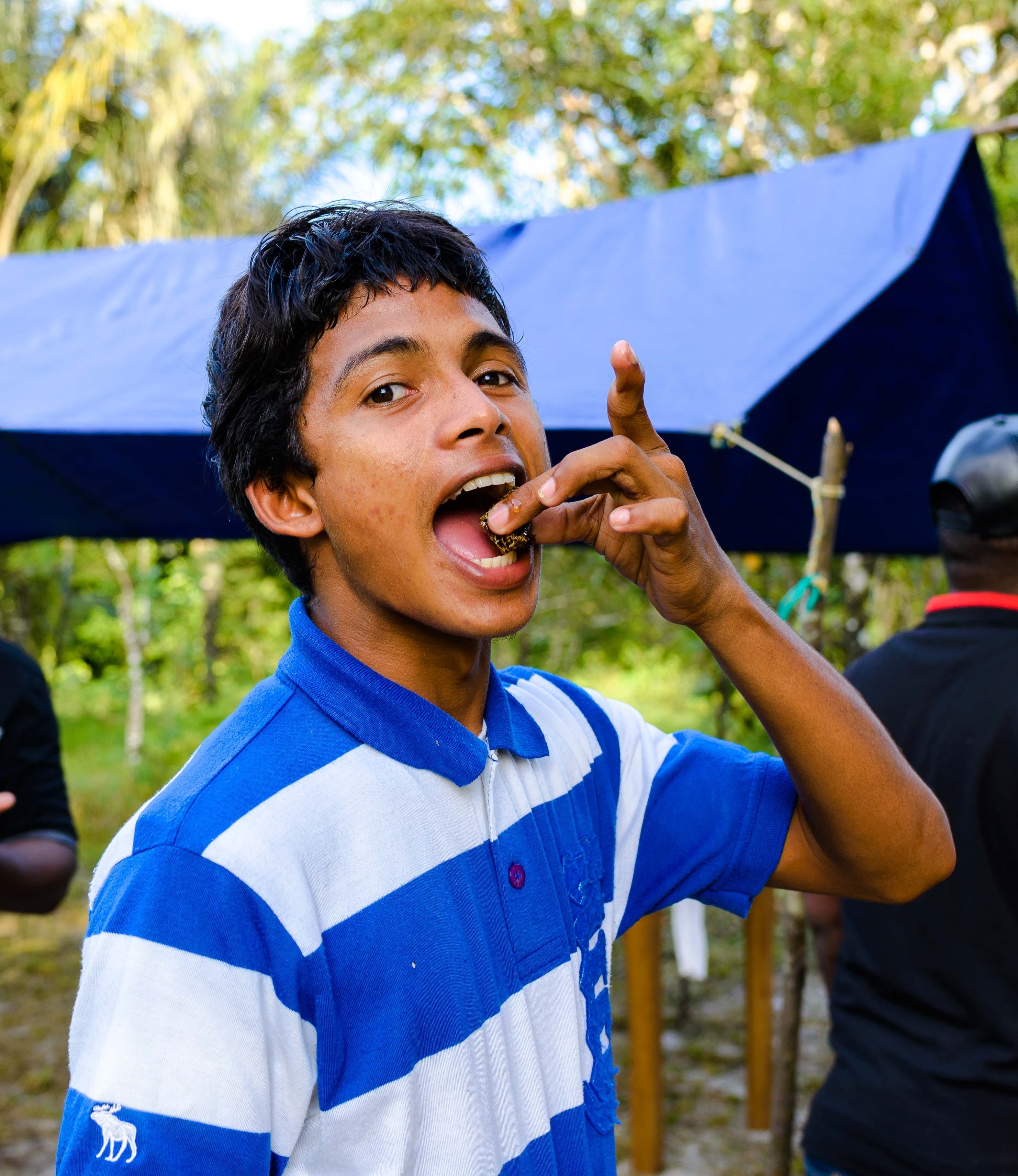 A young workshop participant samples fresh honey from a hive.