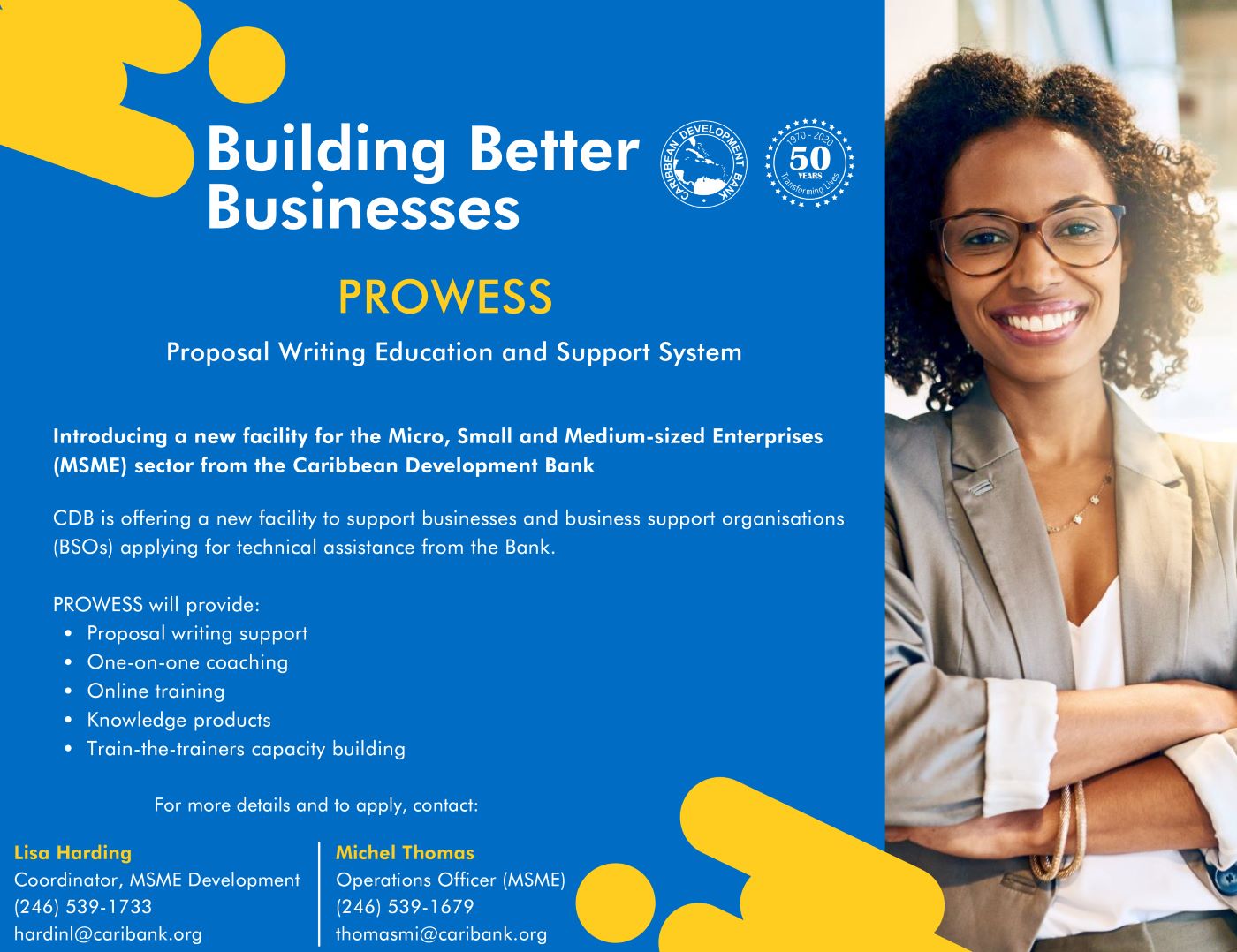 PROWESS blue flyer with confident smiling woman with glasses