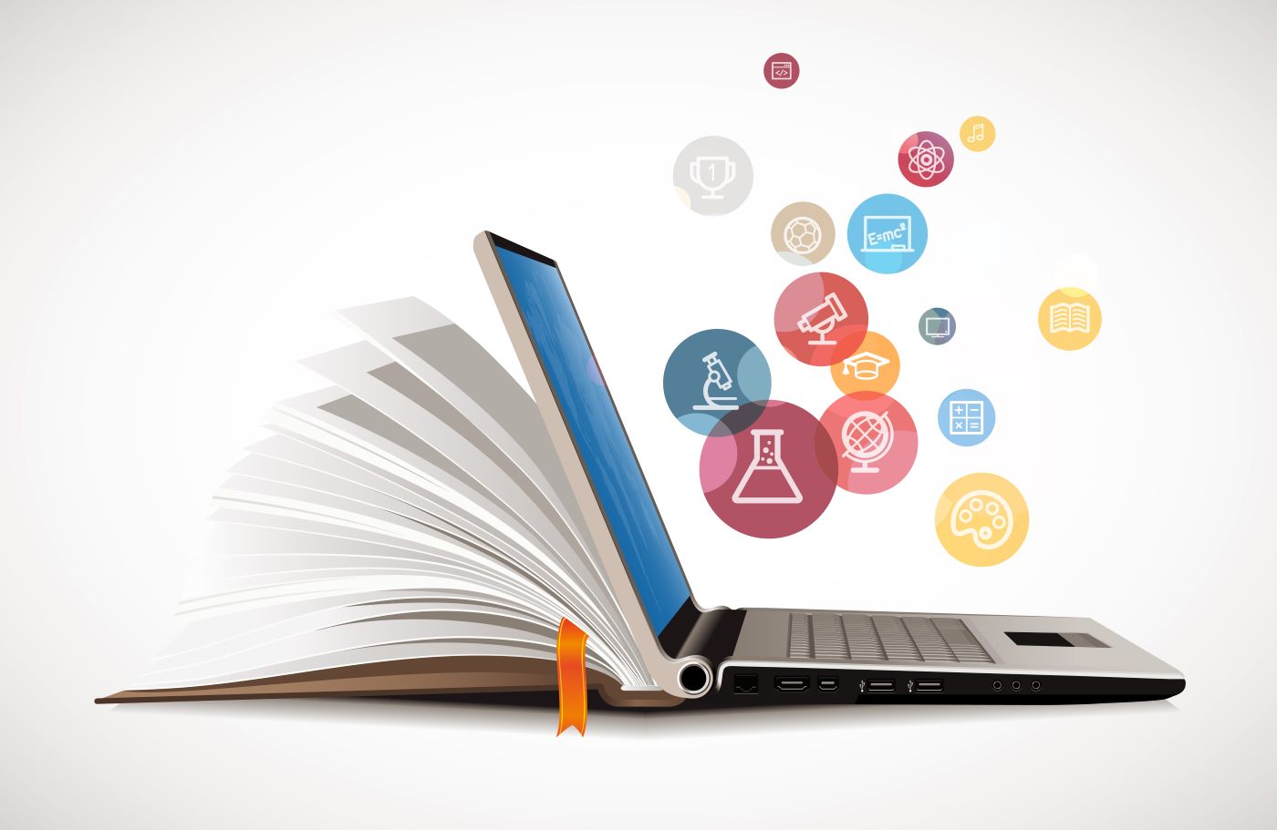 illustration of an open book combined with a laptop with education focused icons floating above