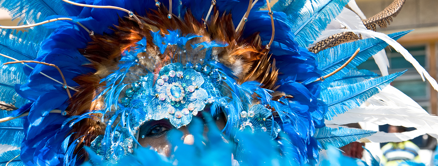 Person with face partially hidden playing mas in a large, blue feathered headpiece