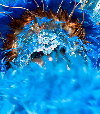Person with face partially hidden playing mas in a large, blue feathered headpiece