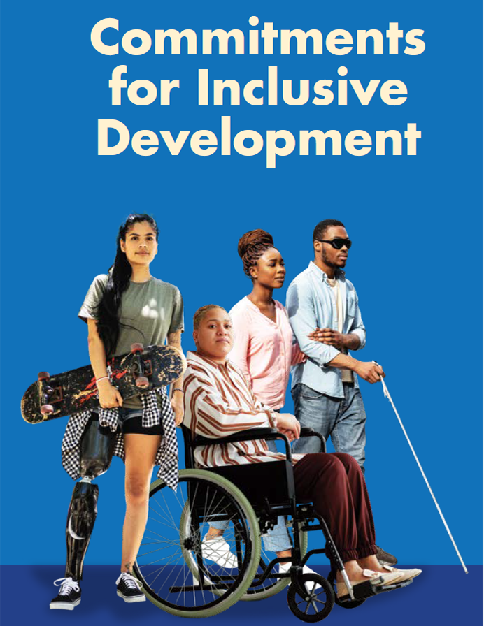 Front panel CDB Disability Policy Brief Brochure two male and one female differently abled persons against a blue background