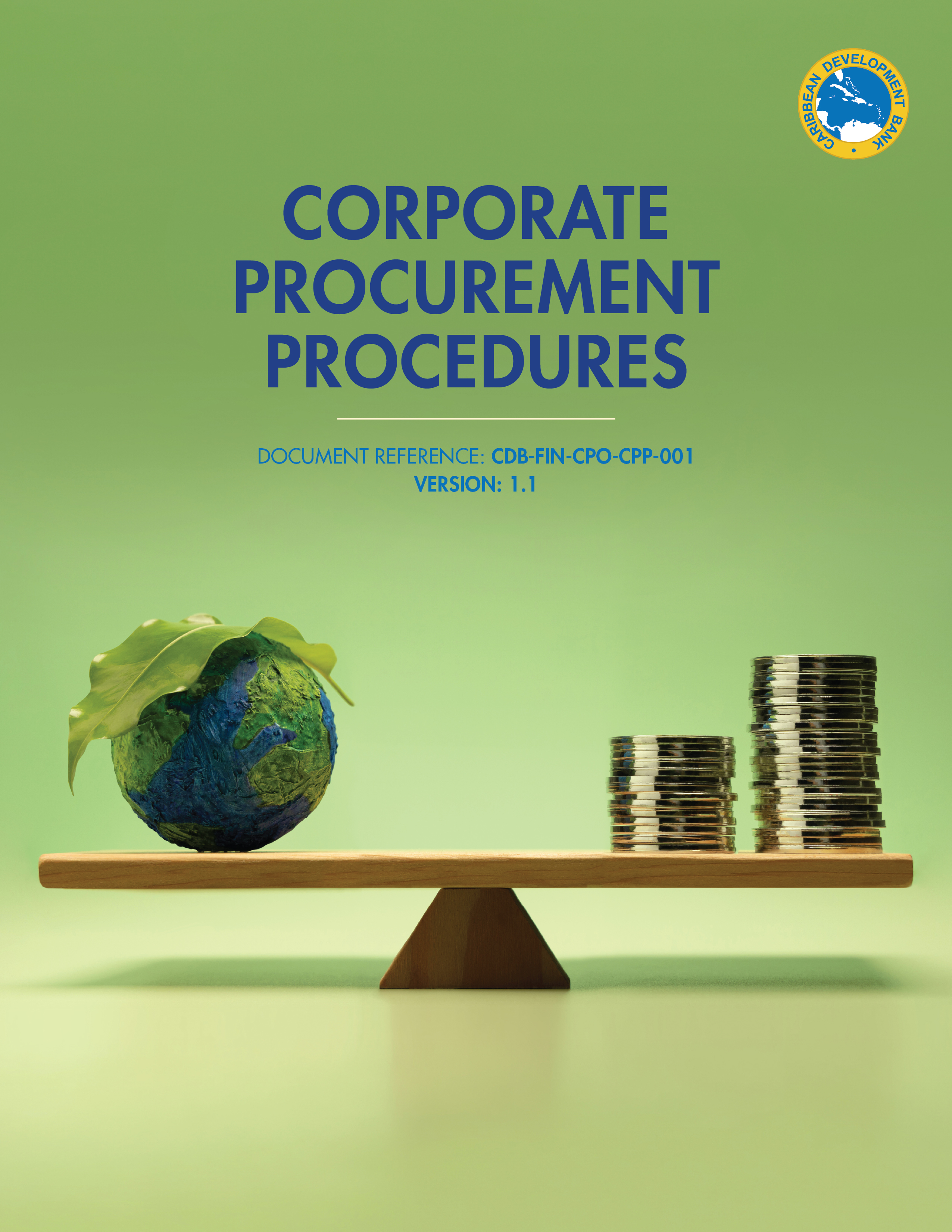 Cover of the CDB Corporate Procurement Procedures Version 1.1, featuring a globe with a leaf balanced against stacks of coins on a scale, symbolising sustainable and value-driven procurement.