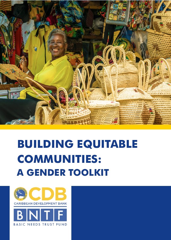 Cover of a toolkit featuring a market stall with woven baskets and the title ‘Building Equitable Communities: A Gender Toolkit’ from the Caribbean Development Bank and BNTF.