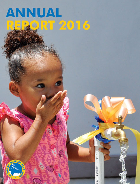 2016 Annual Report title with little girl drinking from water spout