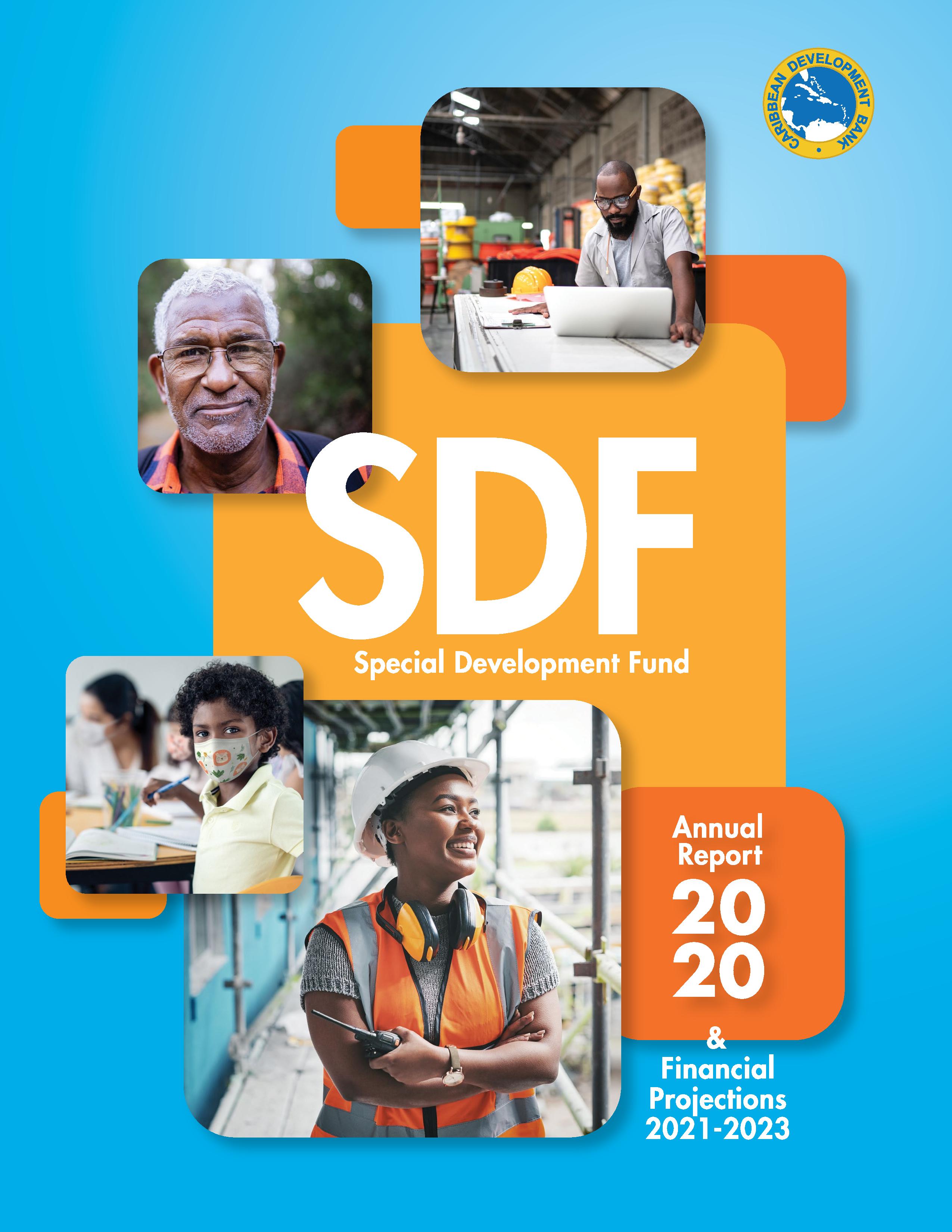In 4 individual photos, the report cover shows a man in a white, open shirt und grey T-Shirt, leaning over a computer in a depot hall; the portrait of senior citizen looking into the camera while standing in the wild; a pupil in a yellow shirt and a face mask at a desk; and a female construction worker with a white helmet and an orange vest, holding a walkie talkie in her hand.