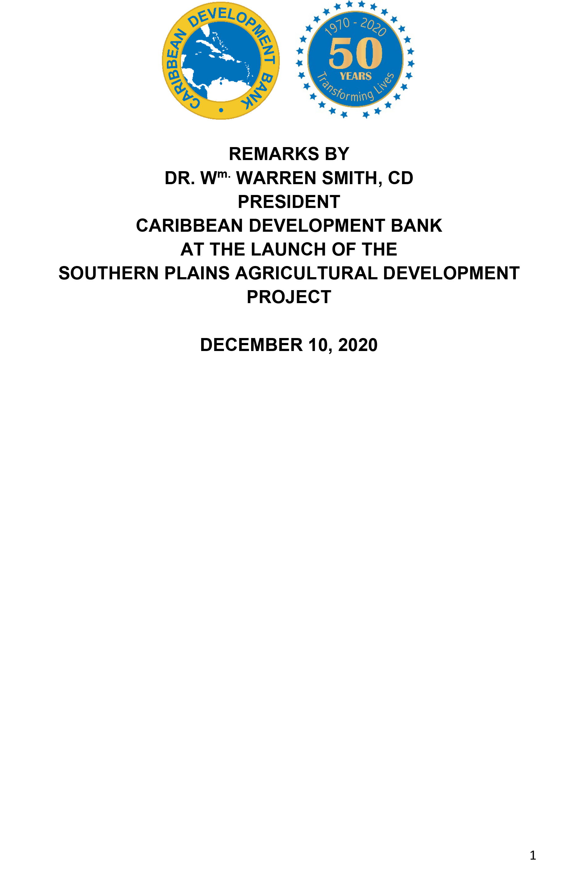 Remarks by CDB President at the launch of the Southern Plains Agricultural Development Project