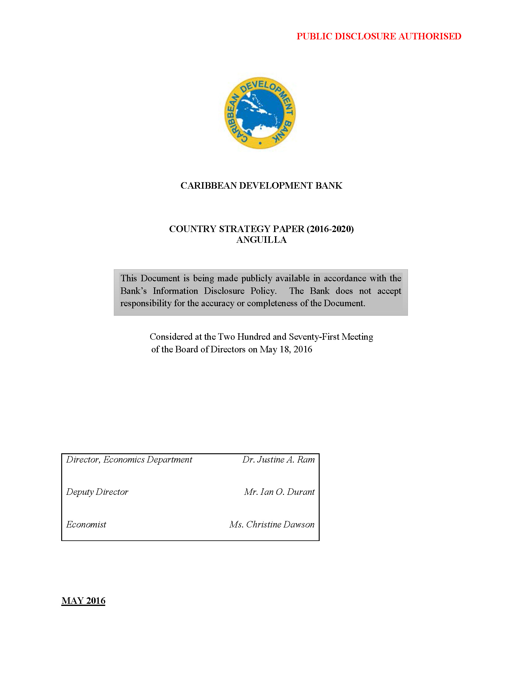 Text-based document cover for Anguilla's Country Strategy Paper 2016-2020