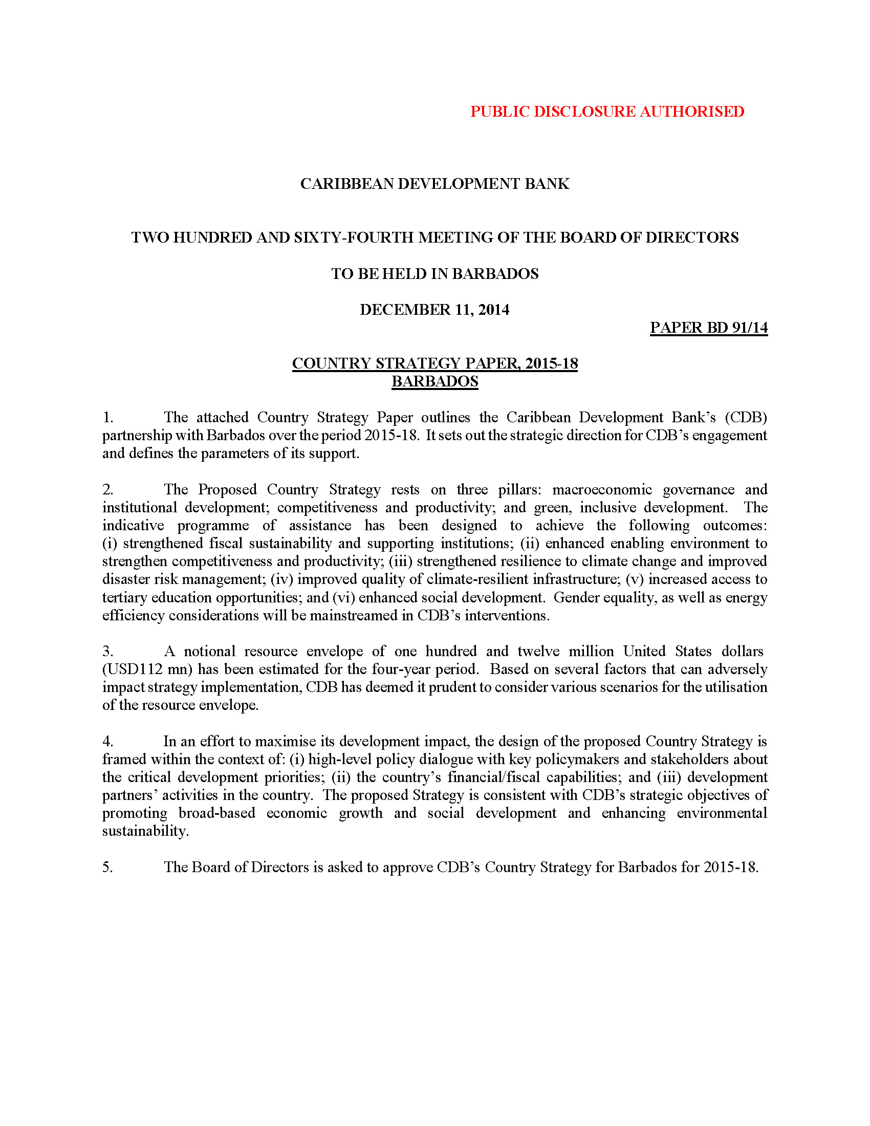 Text-based document cover for Barbados' Country Strategy Paper 2015-2018