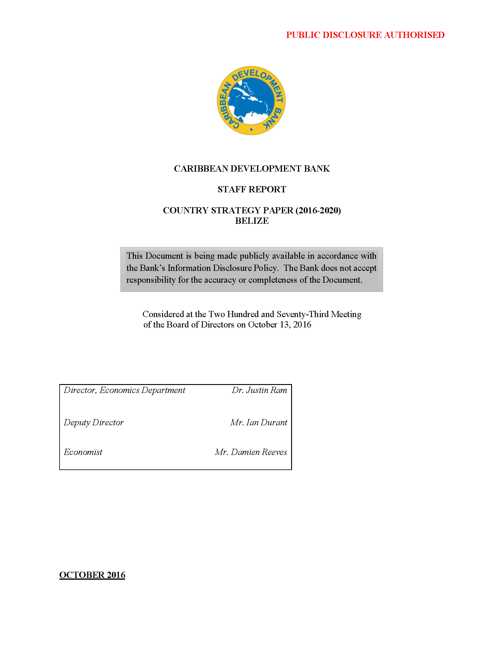 Text-based document cover for Belize's Country Strategy Paper 2016-2020
