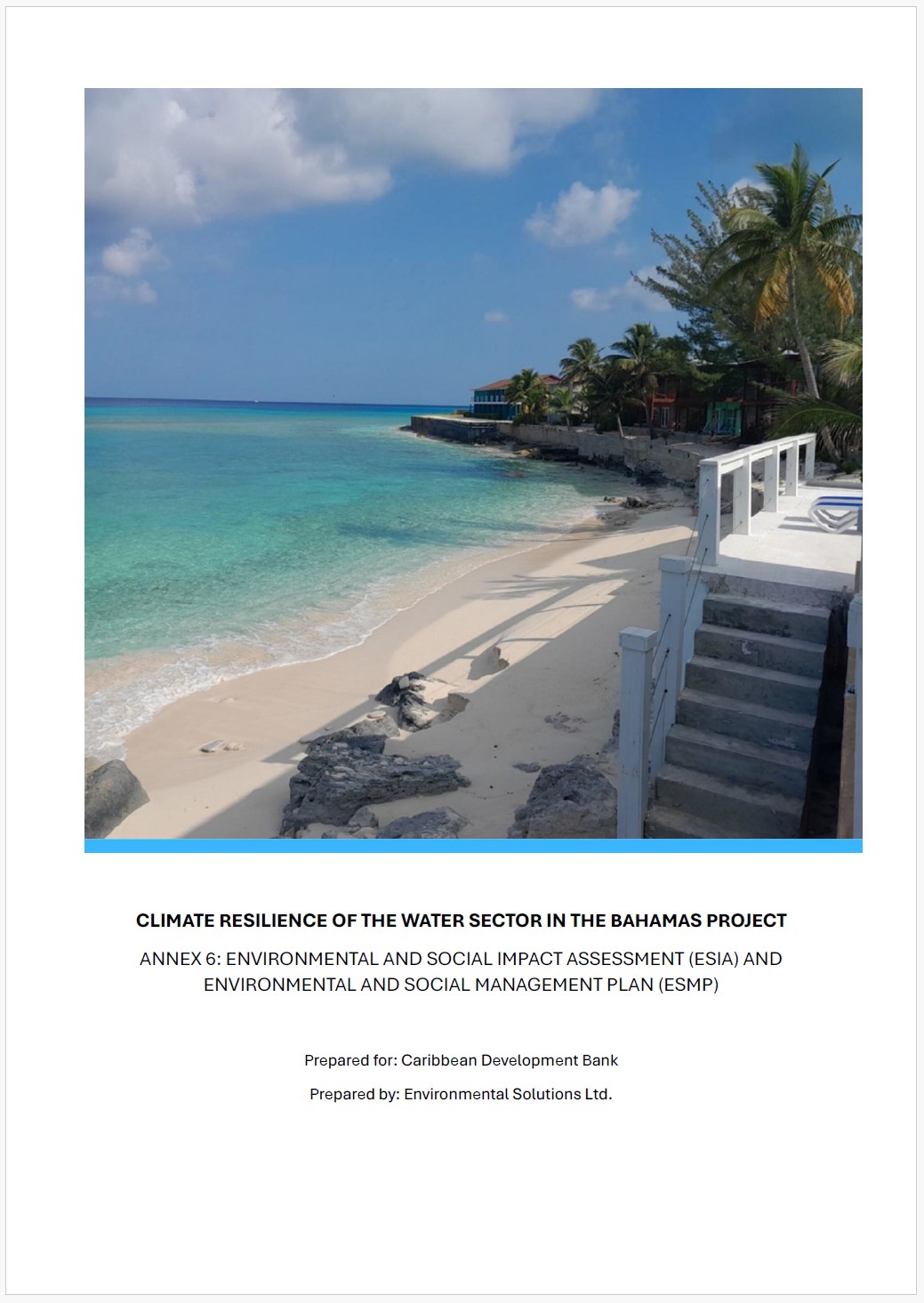 Cover of the Bahamas water sector climate resilience project ESIA and environmental and social management plan.