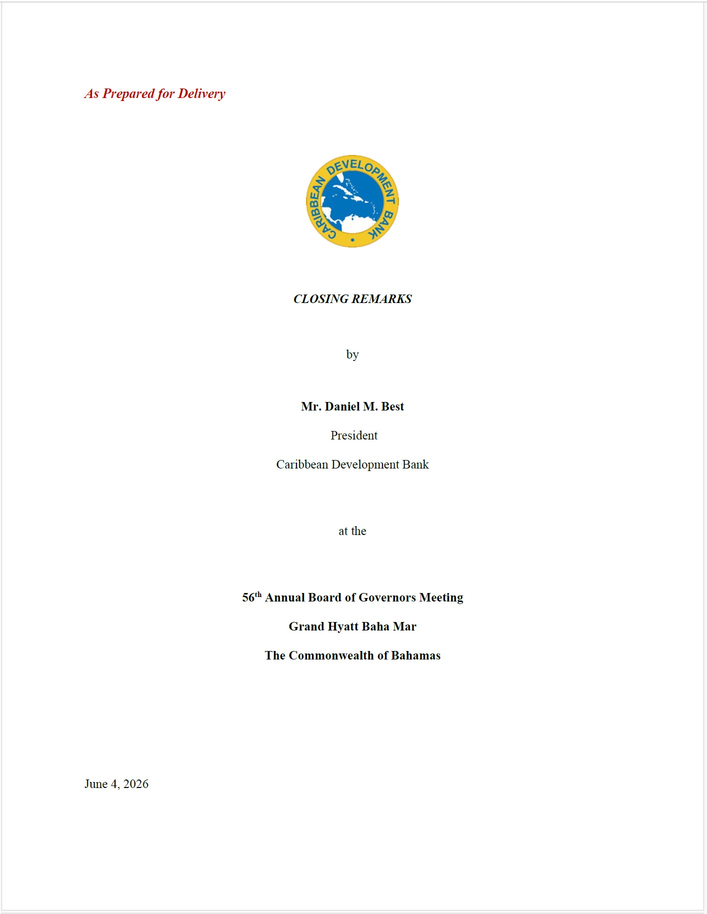 Cover page of closing remarks featuring the Caribbean Development Bank logo and event details for the 56th Board of Governors Meeting