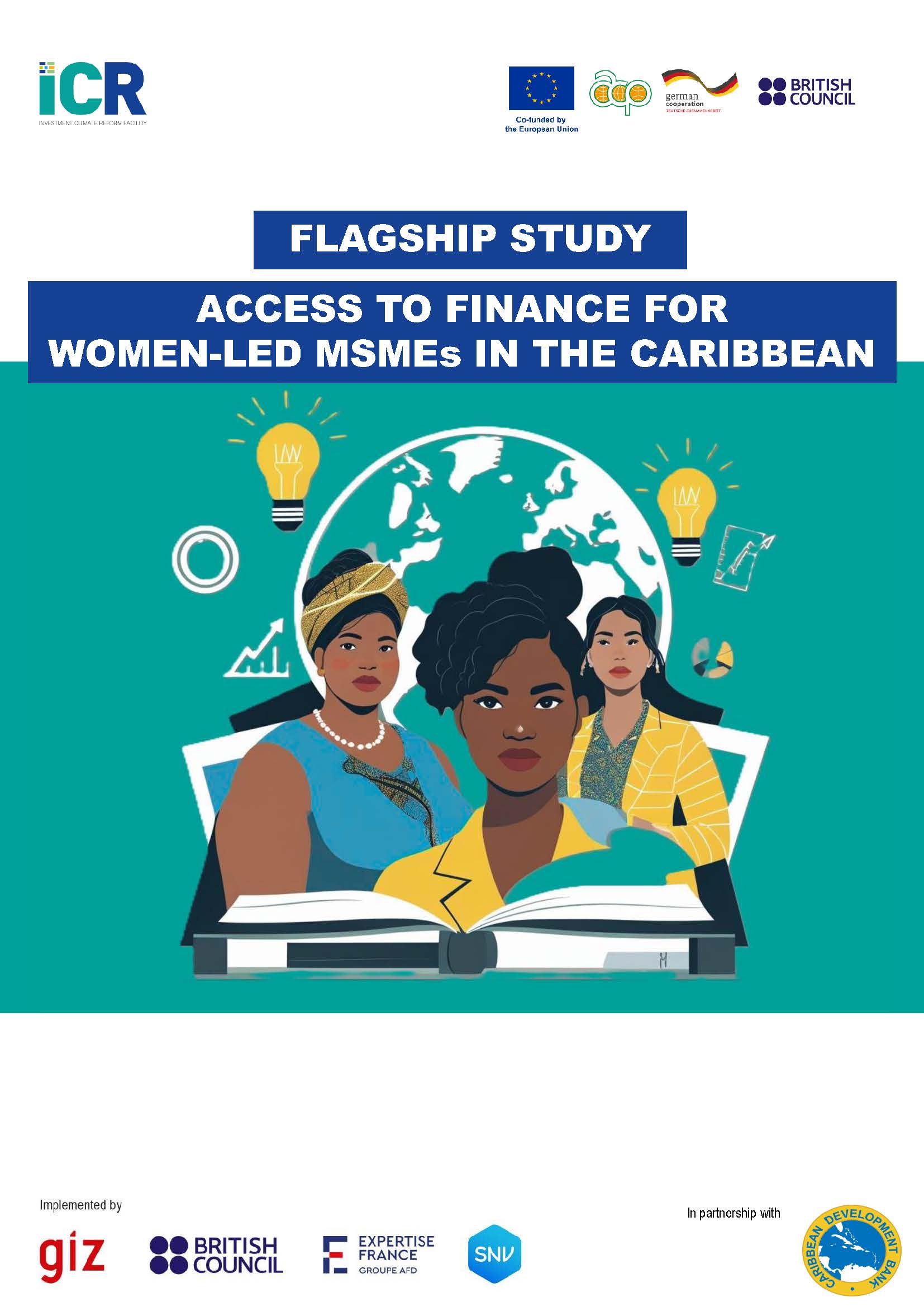 Illustrated cover of the study 'Access to Finance for Women-Led MSMEs in the Caribbean,' featuring three women in business attire against a teal background with symbols of innovation and finance.