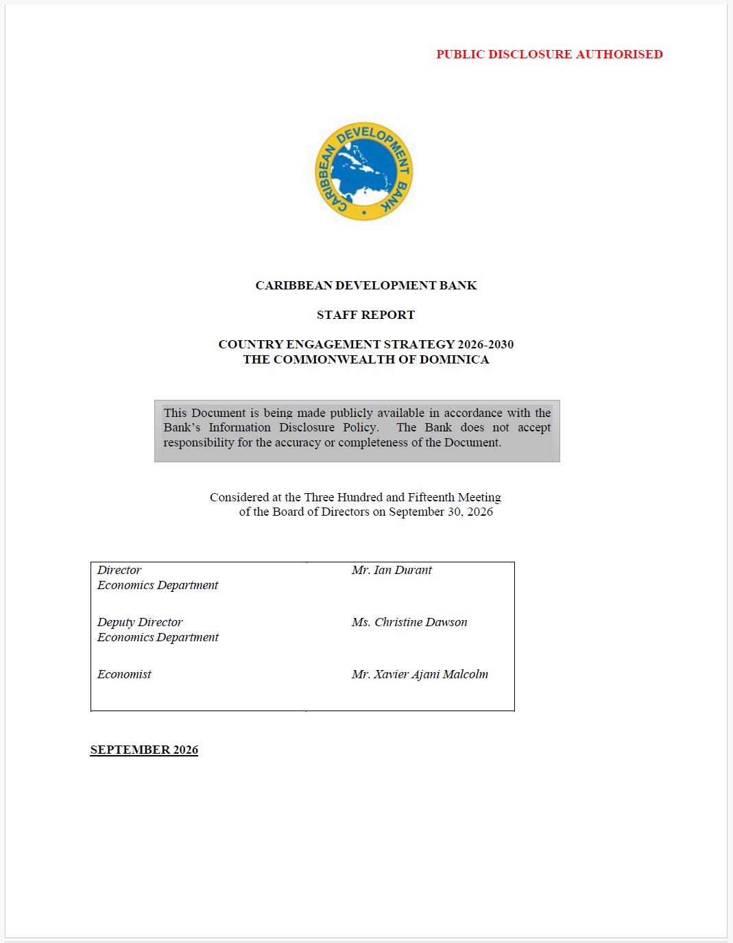 Cover page of the Caribbean Development Bank Staff Report titled "Country Engagement Strategy 2026-2030: The Commonwealth of Dominica", featuring the CDB logo and publication details.