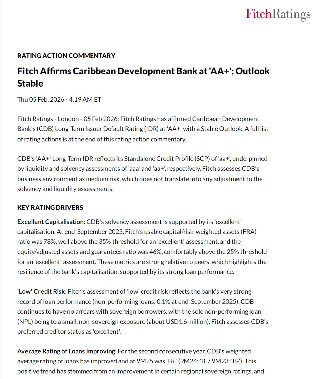 Fitch Ratings report page announcing that Fitch affirms the Caribbean Development Bank at ‘AA+’ with a stable outlook, showing the Fitch Ratings logo and key rating drivers.