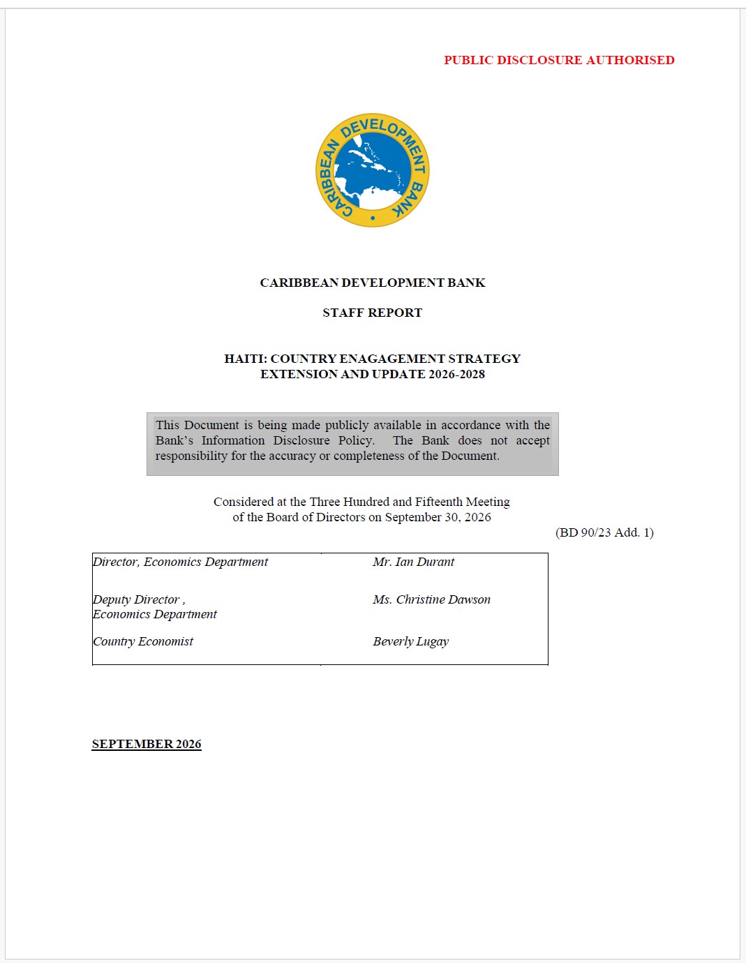 Cover page of the Caribbean Development Bank Staff Report titled "Haiti: Country Engagement Strategy Extension and Update 2026-2028", featuring the CDB logo and publication details.