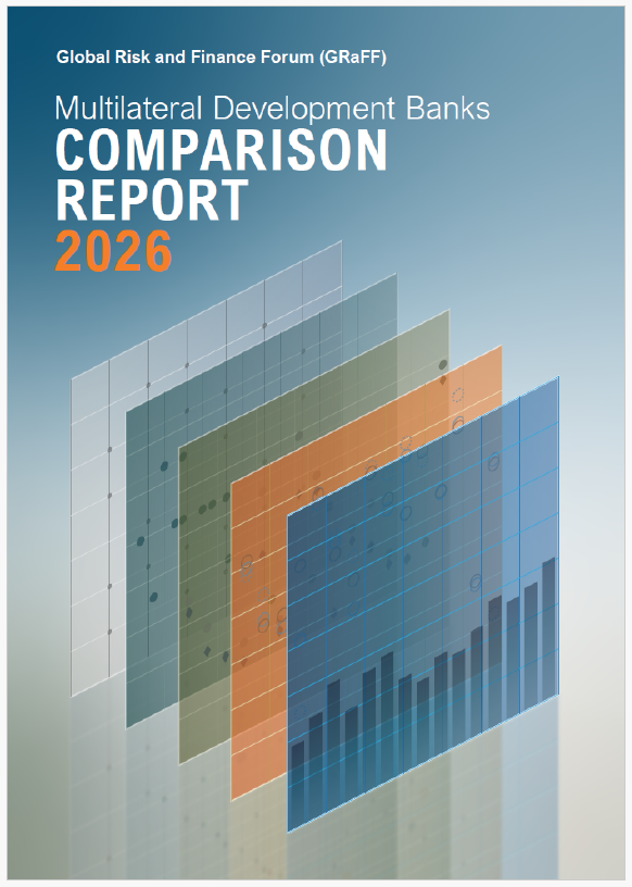 Multilateral Development Banks Comparison Report 2026 cover image showing layered data visualizations and financial performance charts. The report benchmarks MDB capital adequacy, liquidity, credit ratings, risk management frameworks and development financing capacity across leading multilateral development banks globally.