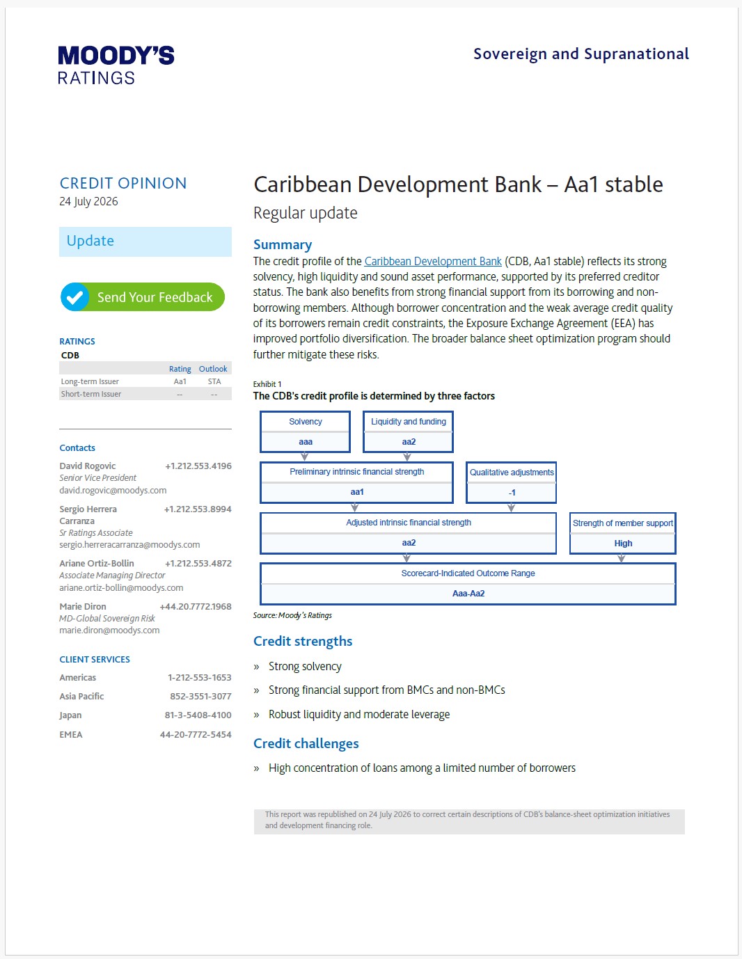 Caribbean Development Bank Aa1 stable credit rating report by Moody’s Ratings highlighting strong financial performance and institutional strength.