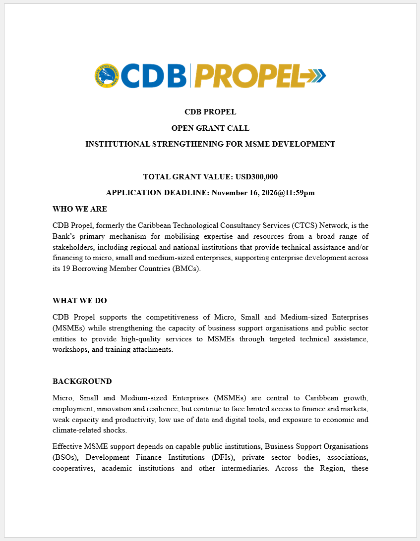 Promotional graphic for the Caribbean Development Bank (CDB) PROPEL Open Grant Call: Institutional Strengthening for MSME Development. The programme provides technical assistance and grant funding to strengthen business support organisations, development finance institutions and MSME development agencies, improving governance, capacity, service delivery and organisational effectiveness across the Caribbean. Application deadline: November 16, 2026.
