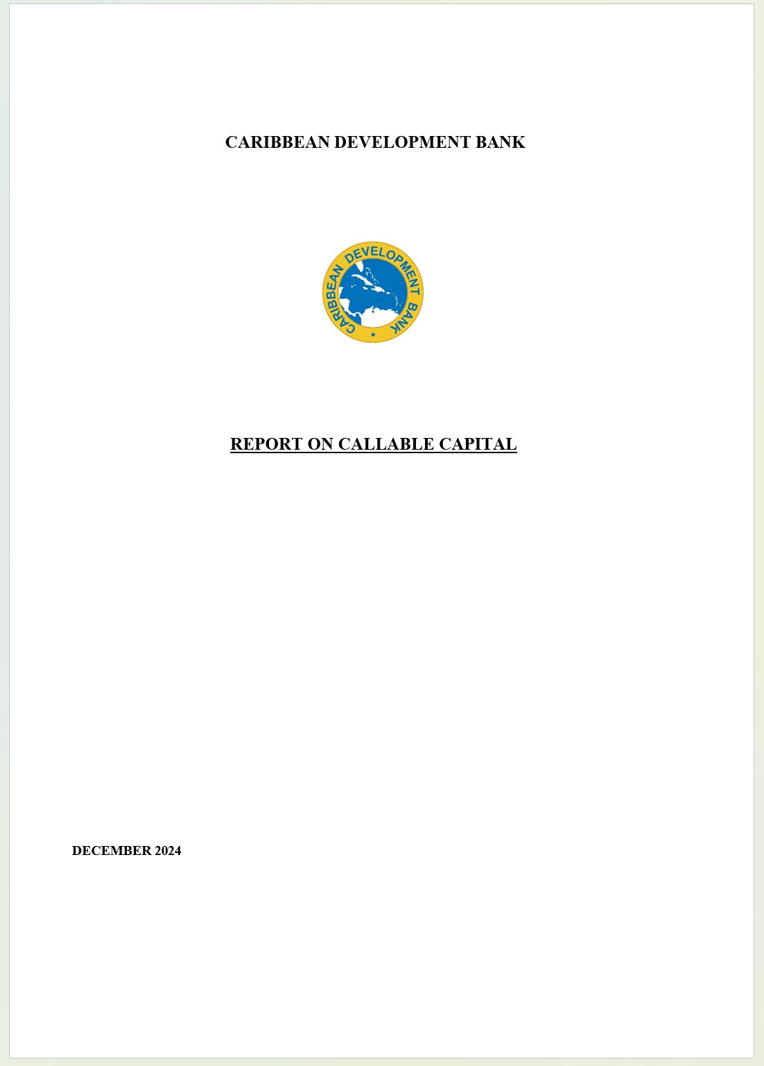 Cover page of the Caribbean Development Bank’s Report on Callable Capital, featuring the CDB logo and publication date, December 2024.