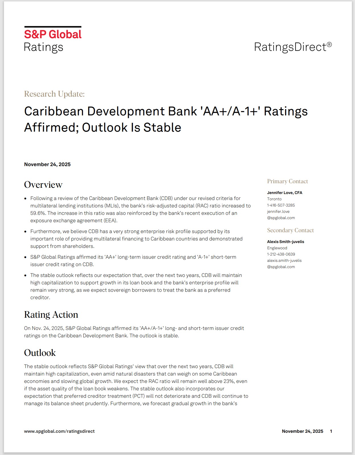 Cover page of an S&P Global Ratings report titled ‘Caribbean Development Bank AA+/A-1+ Ratings Affirmed; Outlook Is Stable,’ dated November 24, 2025, with overview bullet points and contact details.