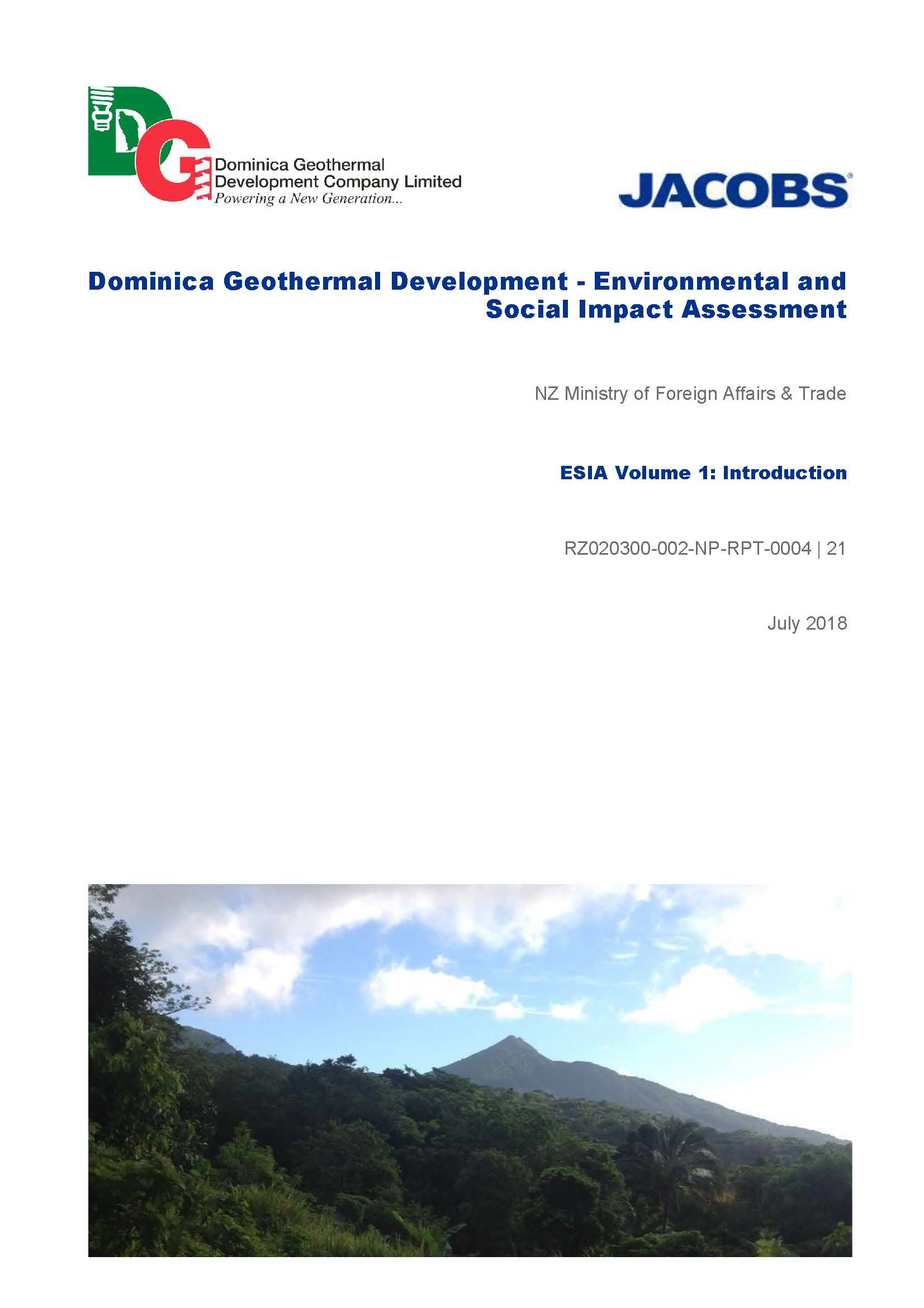 text-based cover featuring document title against a white backdrop with landscape photo of hill in Dominica at the bottom