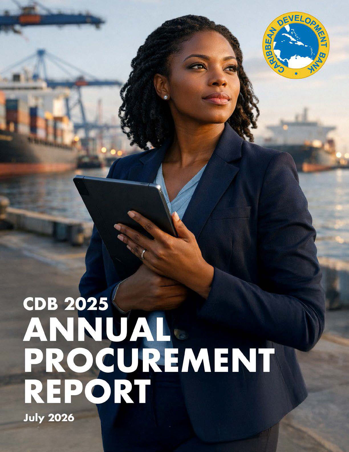 Cover of the CDB 2025 Annual Procurement Report, featuring a professional holding a tablet at a port with cargo ships and cranes in the background.