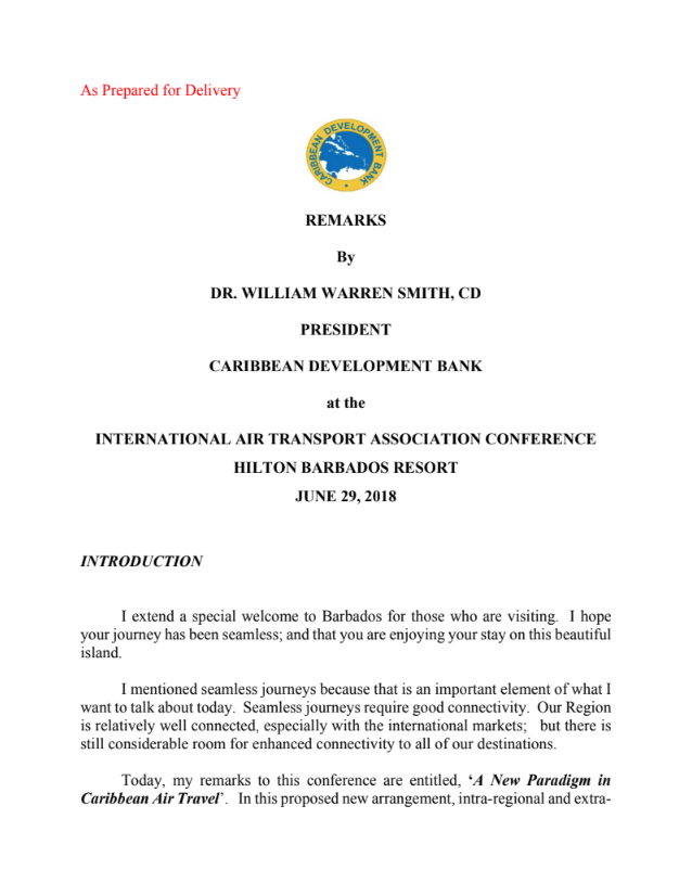 Picture: Remarks by  Dr. William Warren Smith, CD President Caribbean Development Bank