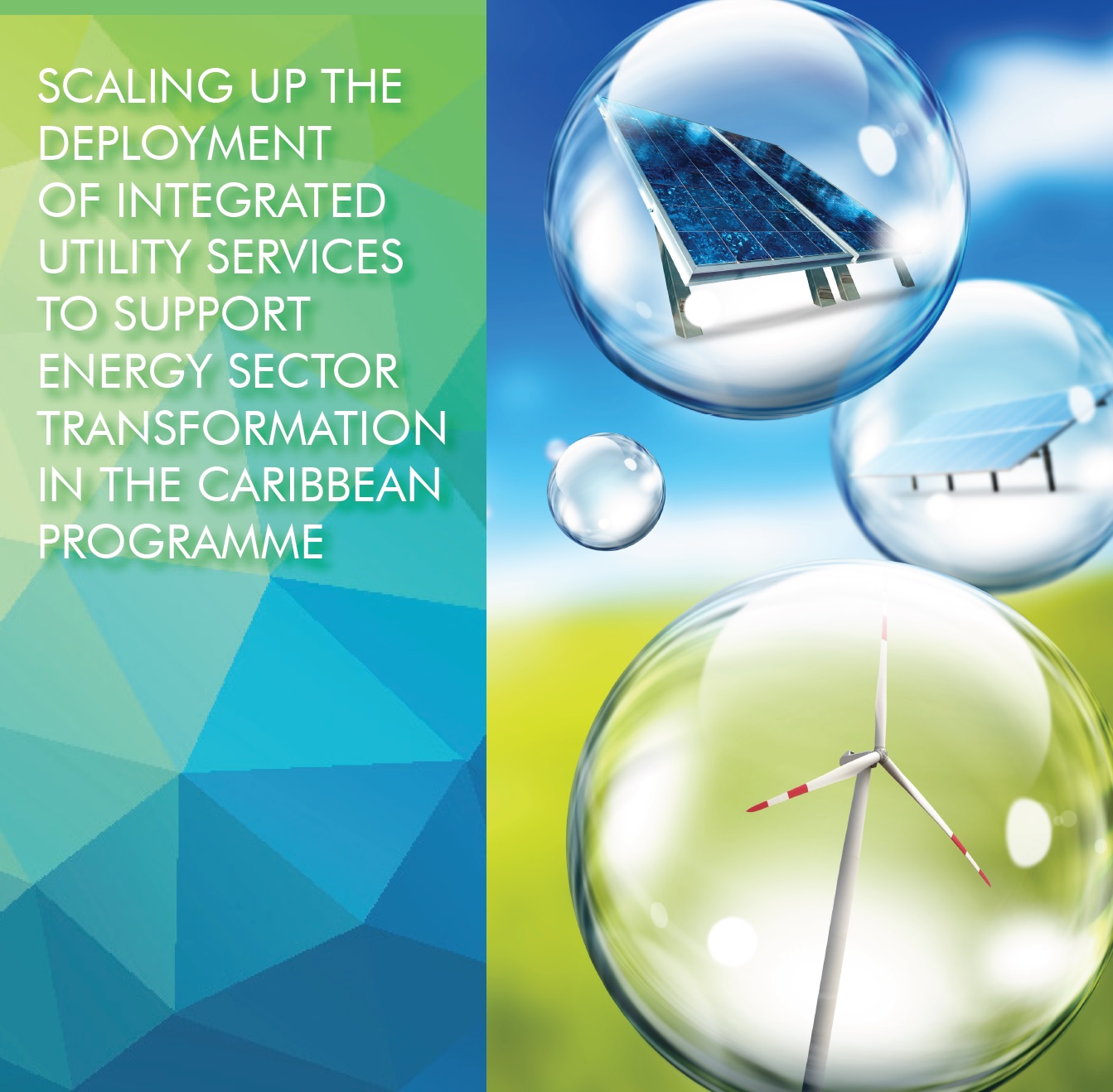 Sustainable energy options in bubbles against blue and green background