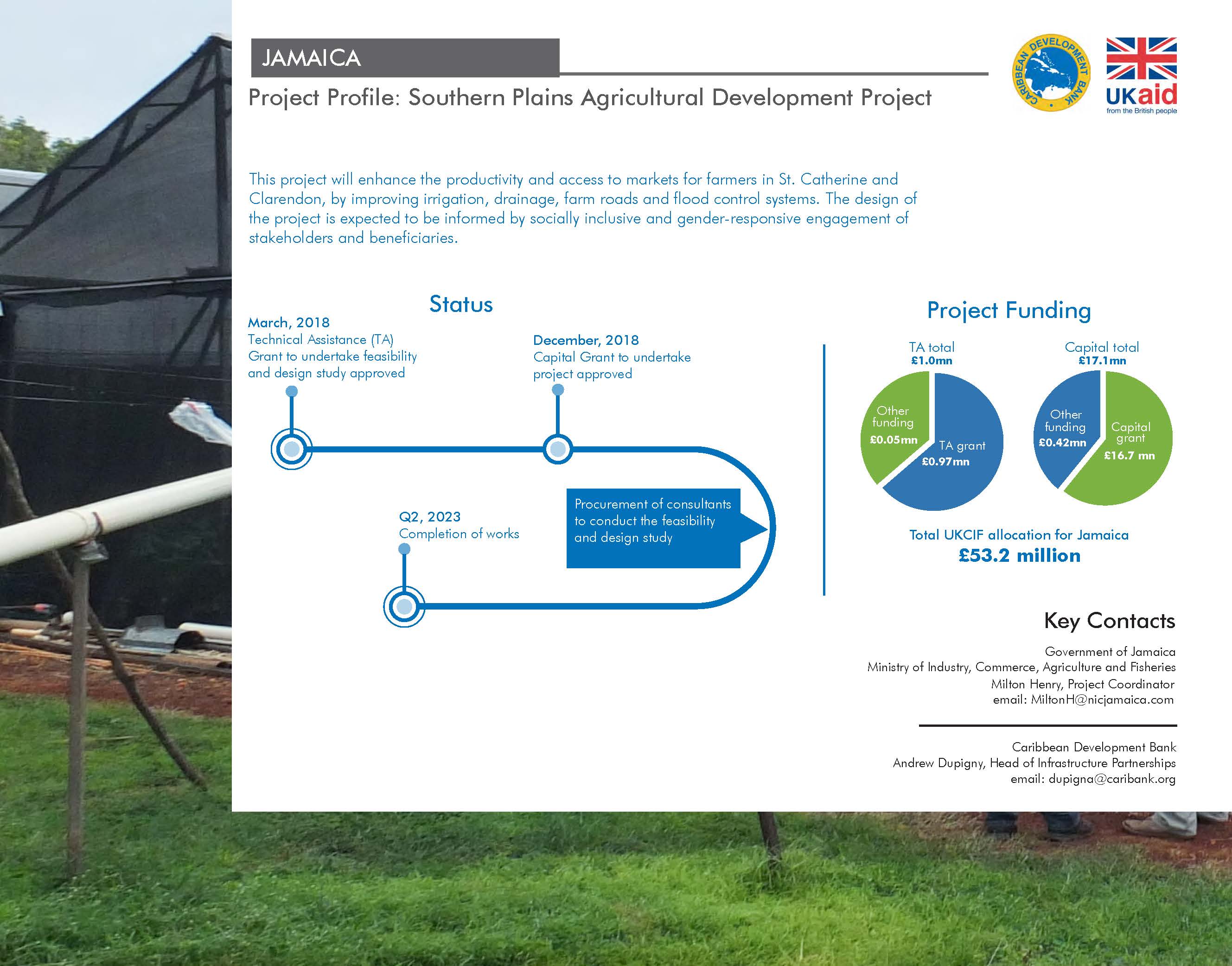 project profile with background image of plant cultivation with text and charts against white backdrop