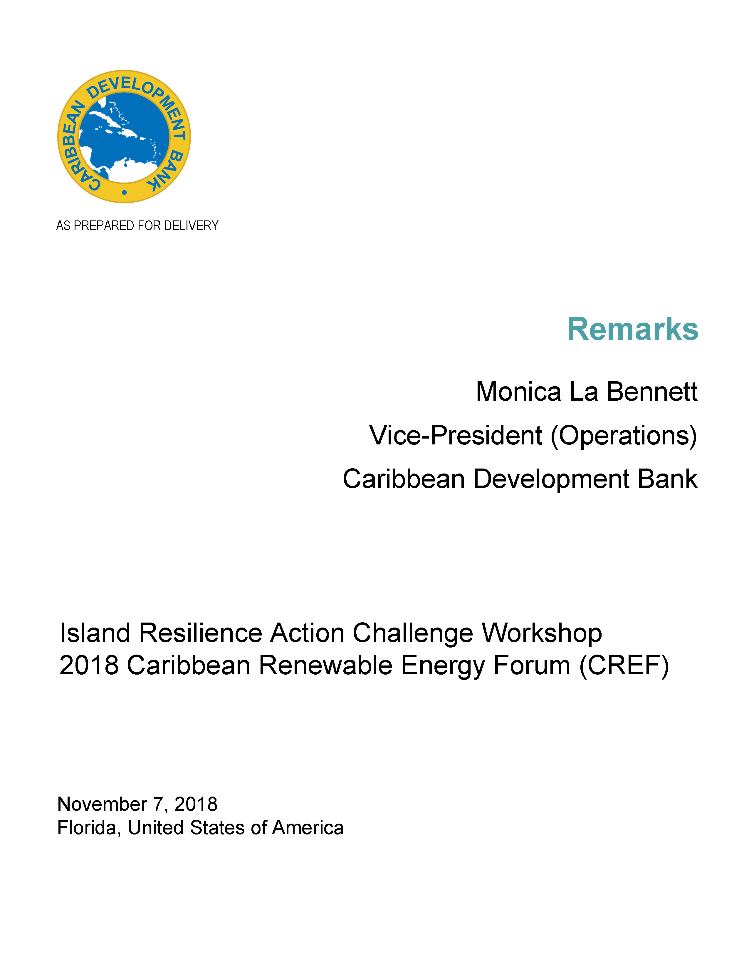 Cover of speech delivered by Monica La Bennett at the Island Resilience Action Challenge Workshop