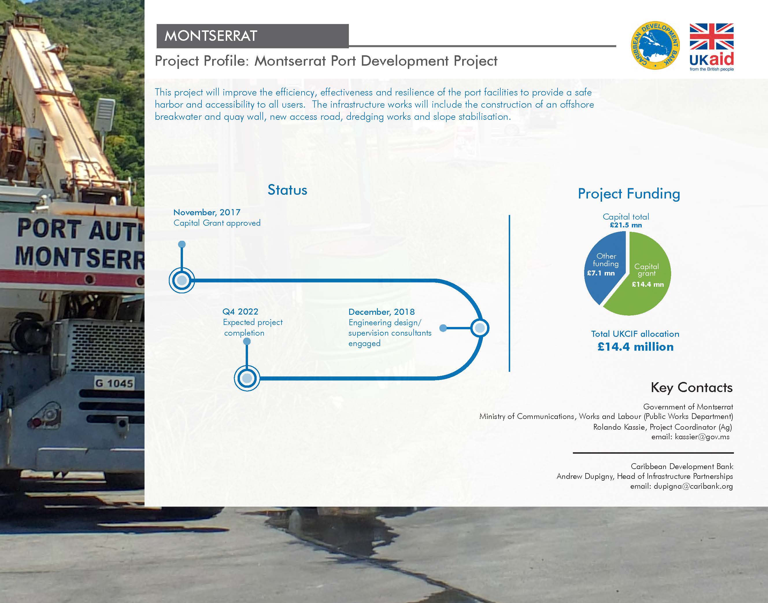 project profile with background image of a crane with text and charts against white backdrop