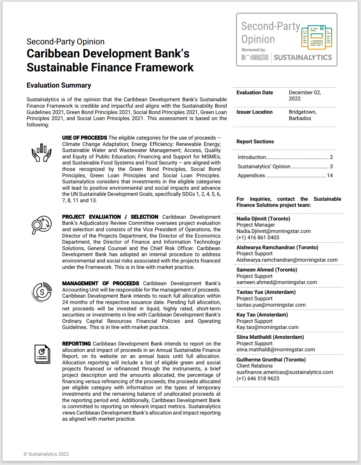 Cover page of the Caribbean Development Bank’s Sustainable Finance Framework Second-Party Opinion by Sustainalytics, summarizing evaluation categories such as use of proceeds, project evaluation, management of proceeds, and reporting.