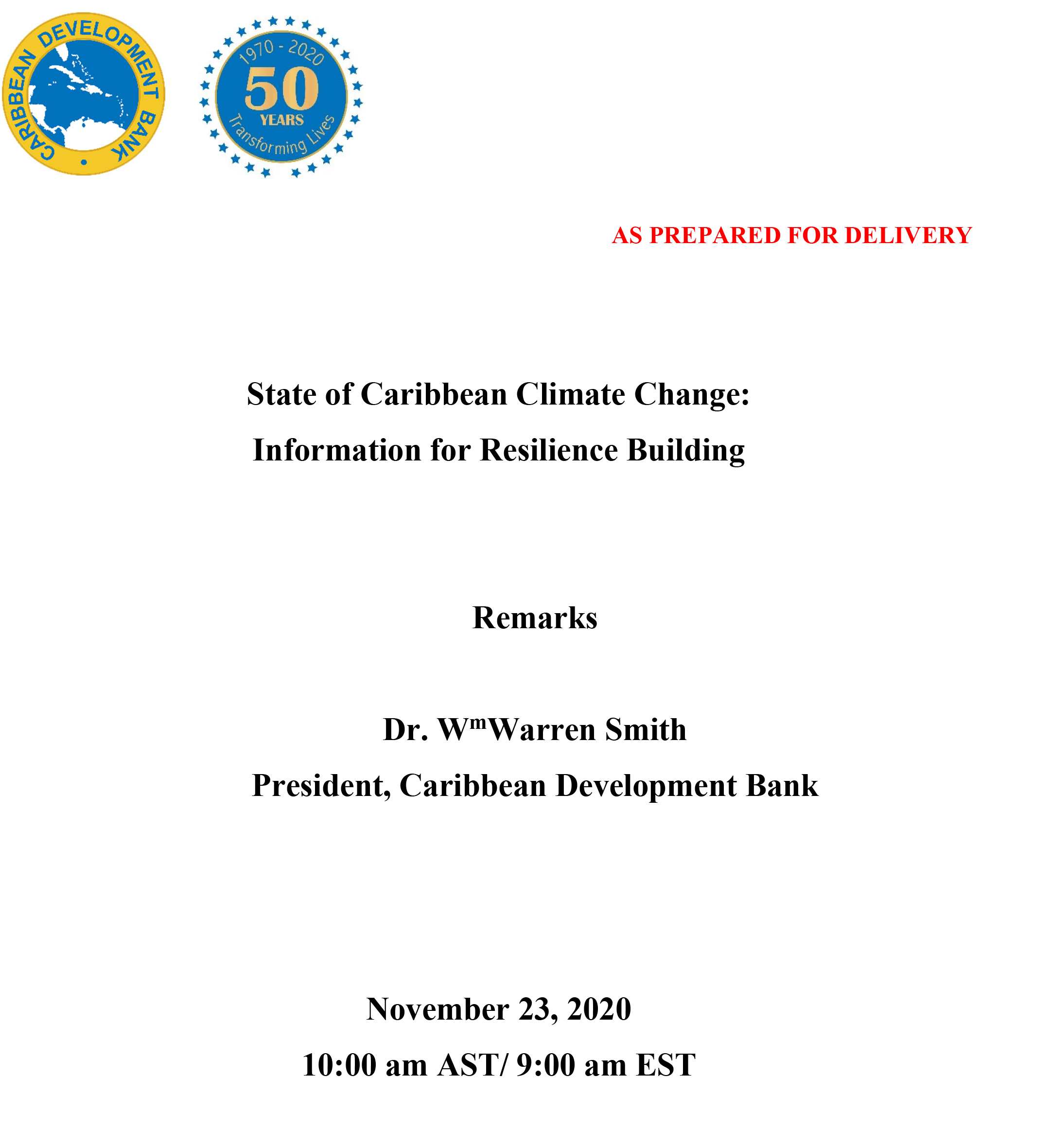 Cover of opening speech of CDB President, launch of the State of Caribbean Climate Change