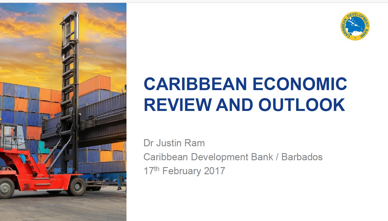 Caribbean Development Bank Economic Review and Outlook presentation highlighting Caribbean trade, port operations, economic grow