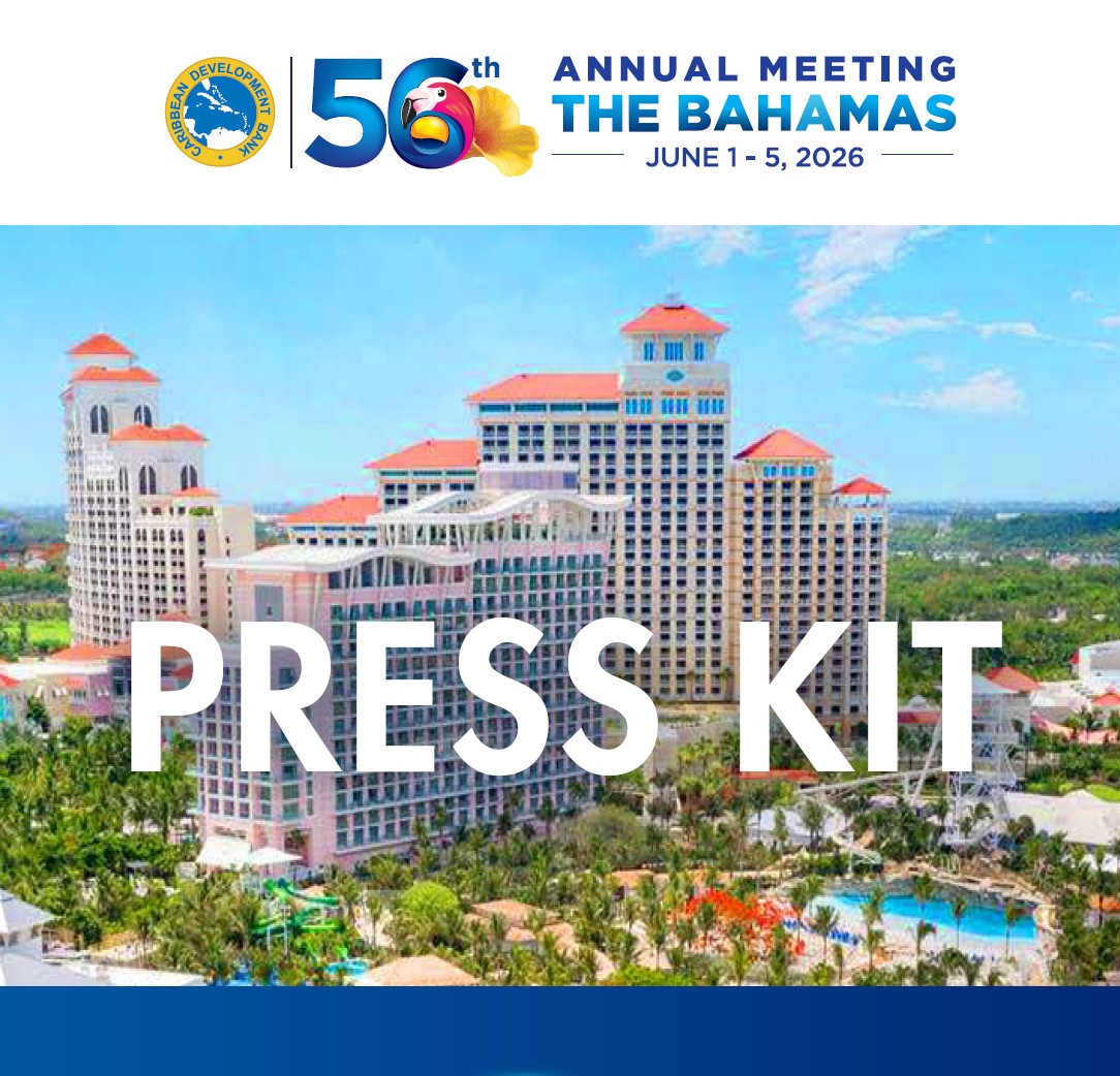 Press kit graphic for the Caribbean Development Bank 56th Annual Meeting in The Bahamas, June 1–5, 2026, over an aerial view of Grand Hyatt Baha Mar