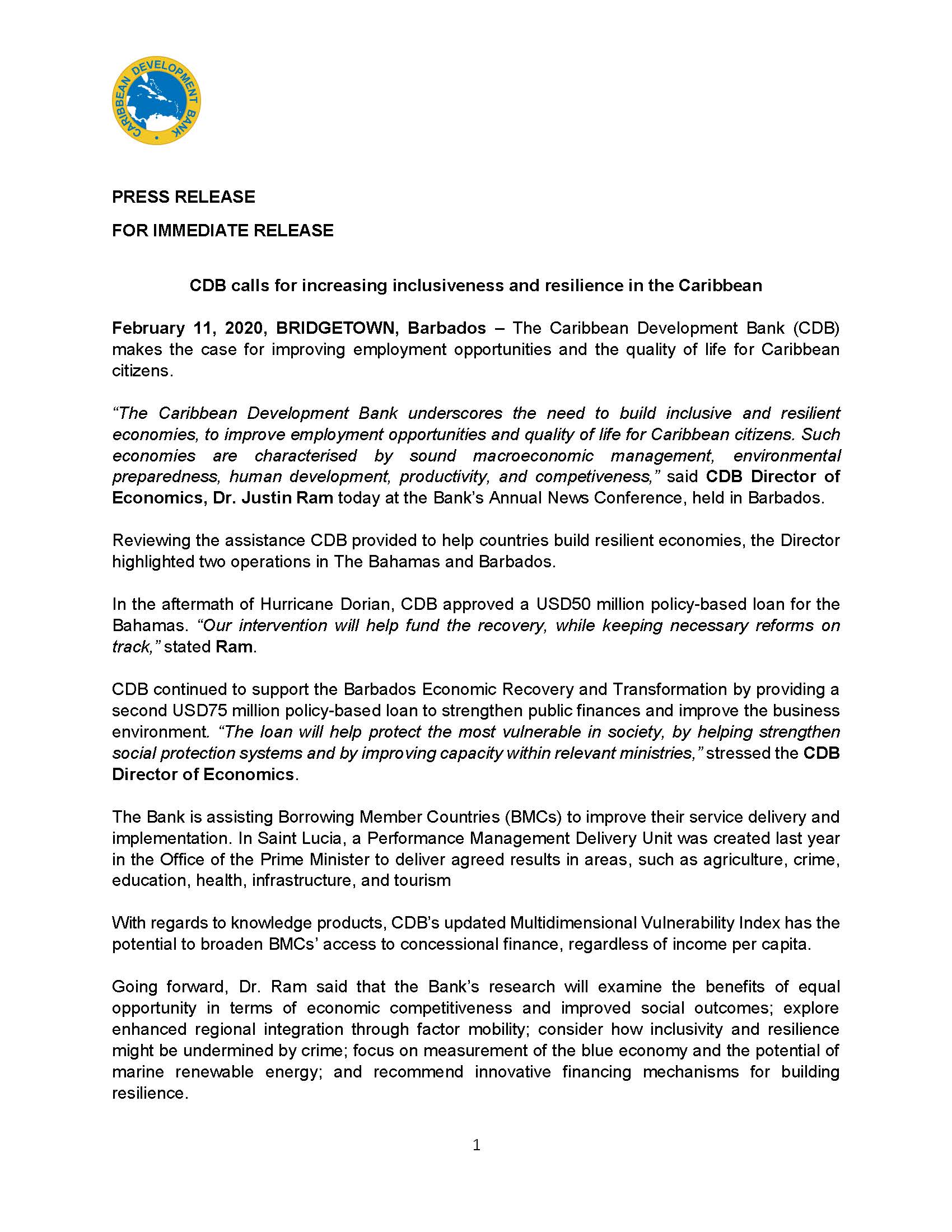 text-only first page of press release