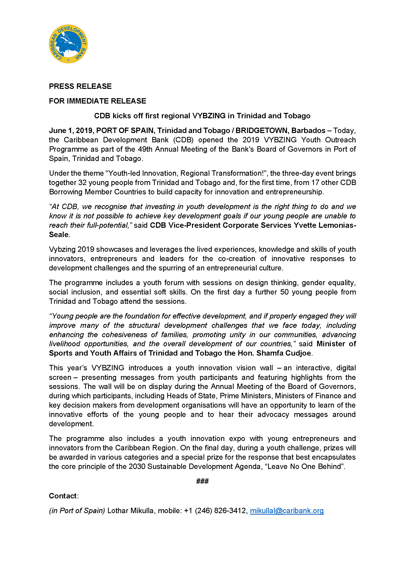 page 1 of press release