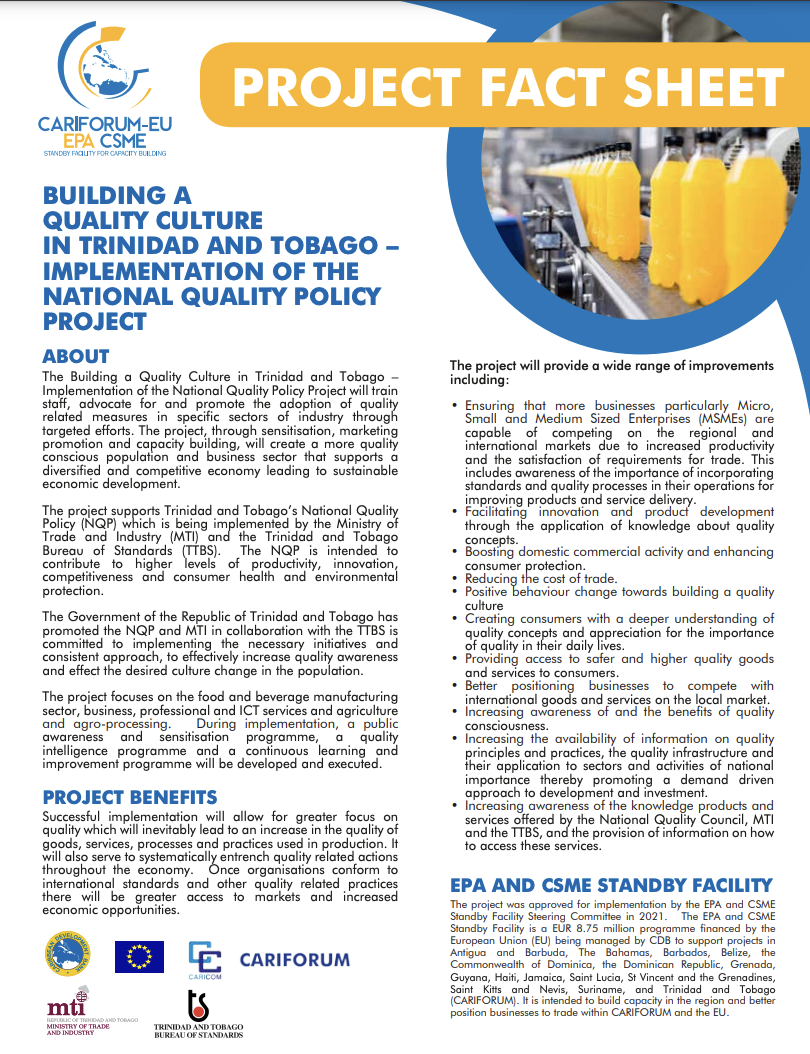 Fact Sheet Building a Quality Culture in Trinidad and Tobago – Implementation of the National Quality Policy   