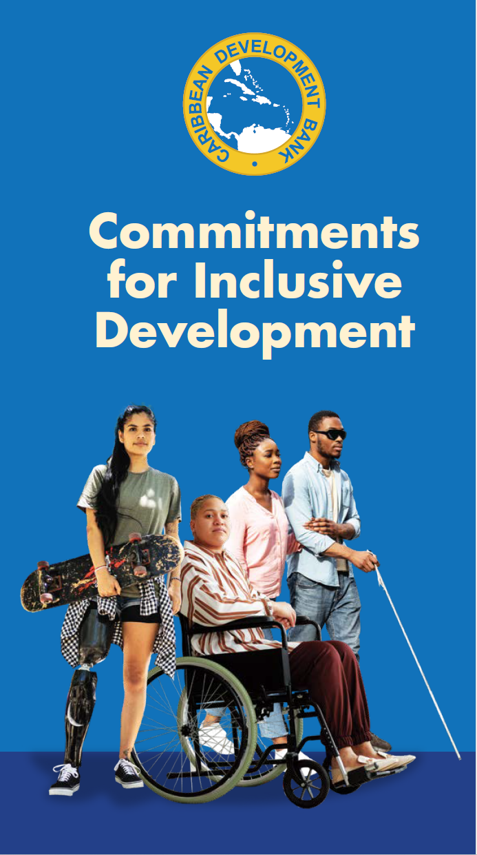 Front panel CDB Disability Policy Brief Brochure two male and one female differently abled persons against a blue background