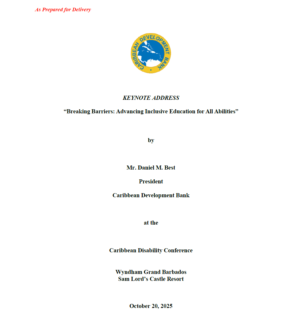 Cover page of keynote address titled "Breaking Barriers: Advancing Inclusive Education for All Abilities" held at Wyndham Grand on October 20, Barbados 