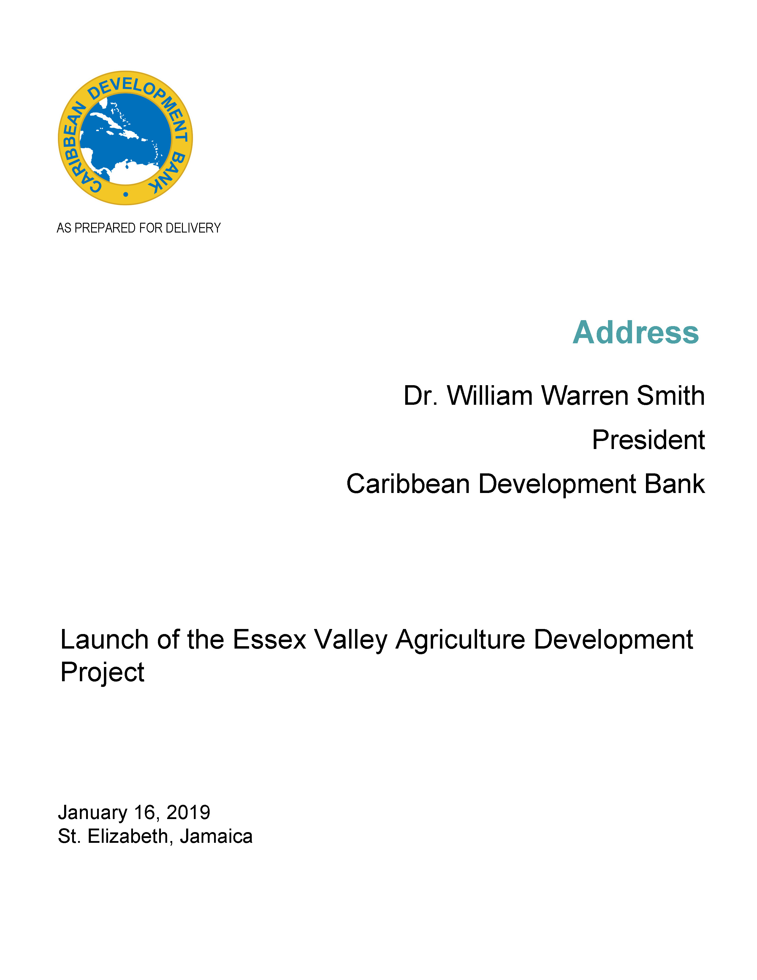 text-based cover against white backdrop of speech delivered by CDB President, Dr. Smith at the launch of the Essex Valley Agriculture Development Project