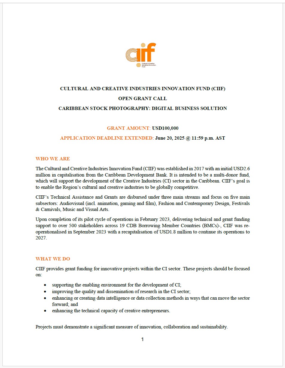 Cover page of CIIF Open Call for Caribbean Stock Photography Digital Business Solutions with grant amount and application deadline, as well as blurbs on who is CIIF and what it does.