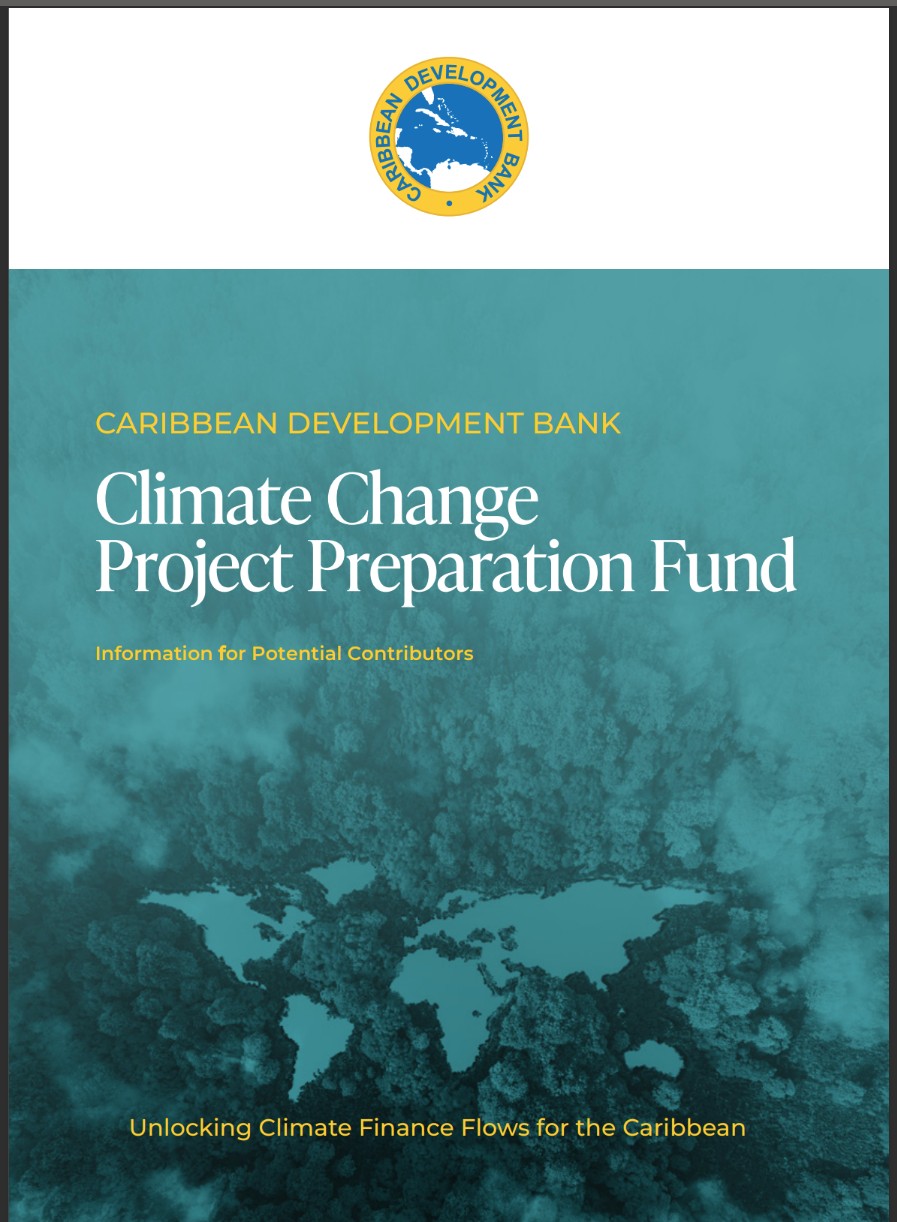 Cover of CDB’s Climate Change Project Preparation Fund guide, featuring the CDB logo, teal aerial forest imagery shaped like the Americas, and title text for potential contributors.