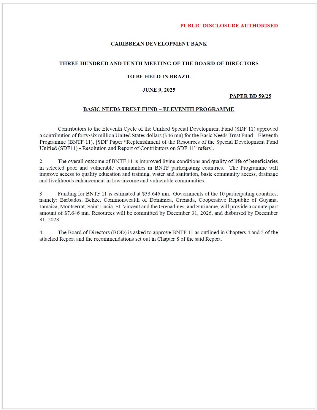 A formal document titled “Basic Needs Trust Fund – Eleventh Programme” from the Caribbean Development Bank, marked “Public Disclosure Authorised.” It summarizes a $46 million contribution to support improved living conditions in low-income communities across 10 Caribbean countries under BNTF 11. The document includes the date, June 9, 2025, and is part of the 310th Board of Directors Meeting in Brazil.