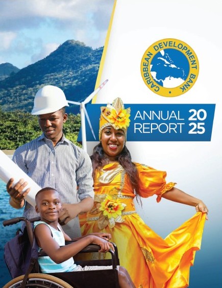 Cover of the Caribbean Development Bank 2025 Annual Report featuring a wind turbine, mountains, and three people including a wheelchair user and a cultural performer.