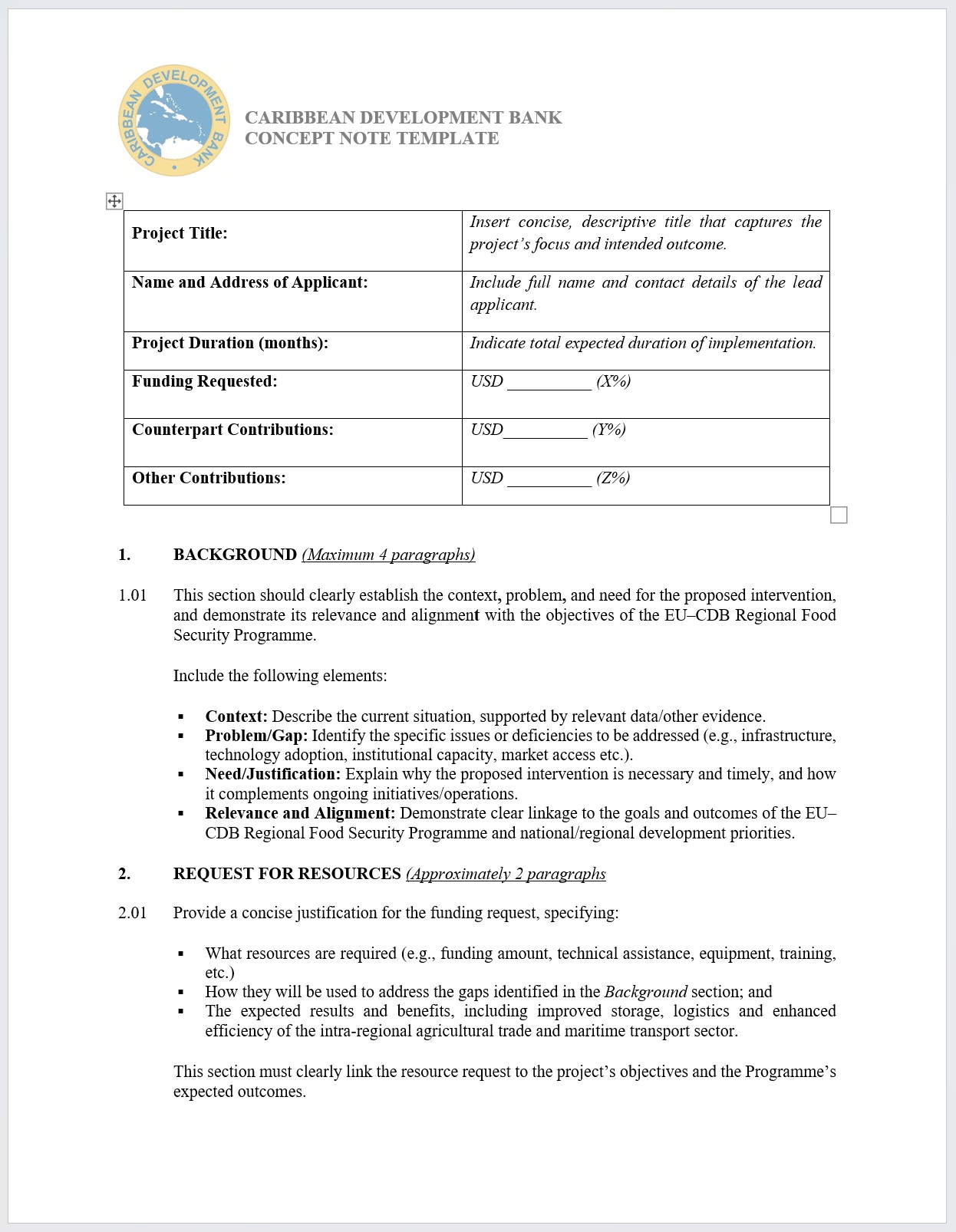 Screenshot of the Caribbean Development Bank Concept Note Template showing sections for project title, funding details, and background, used for proposals under the EU–CDB Regional Food Security Programme.